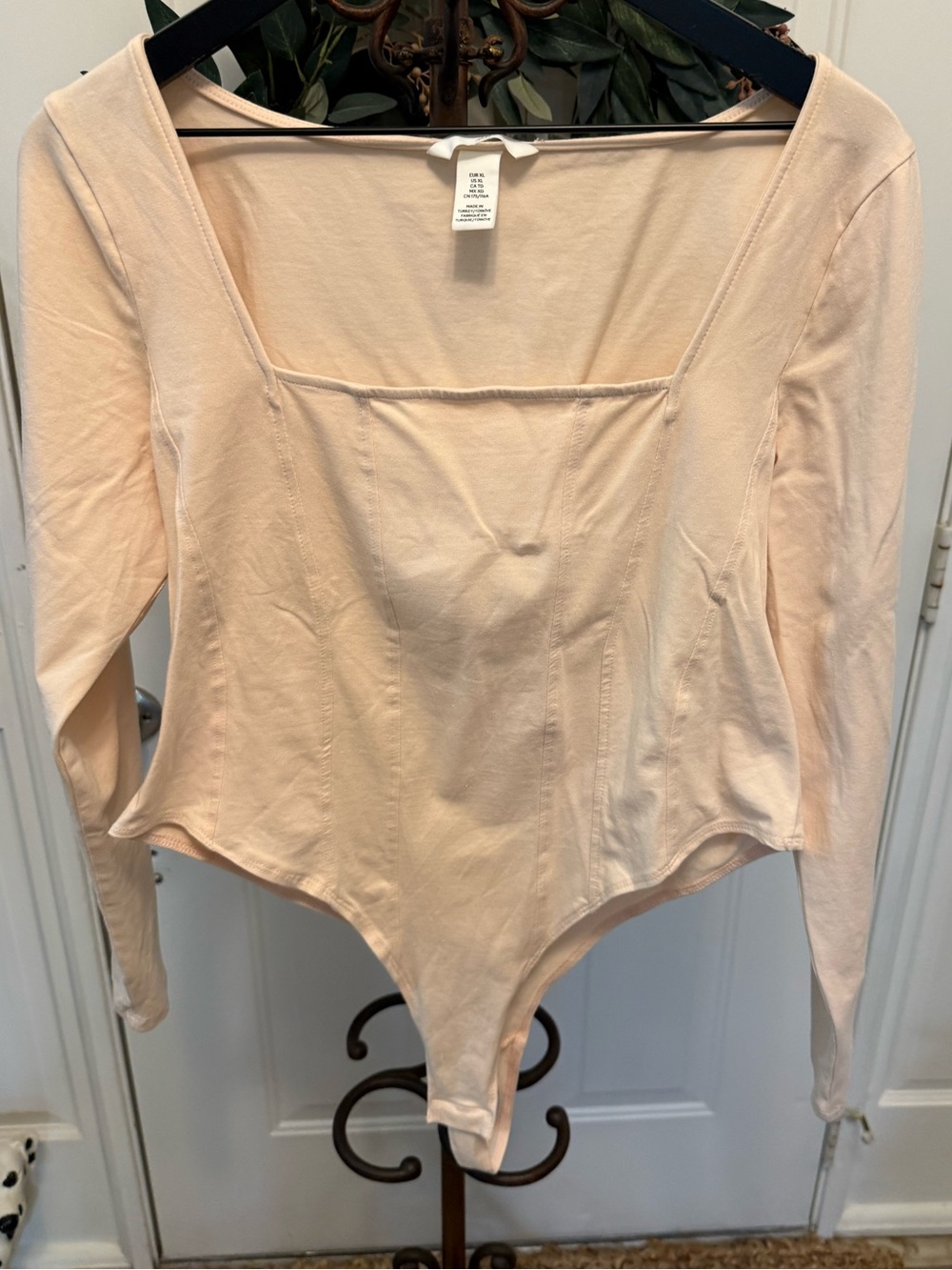 H&M Pale Pink Thong Long Sleeves Square Neckline Bodysuit XL